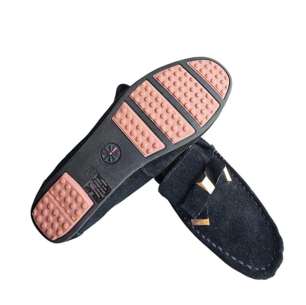 Isaac Mizrahi Black Suede Loafers with Gold Accents - Picture 2 of 7